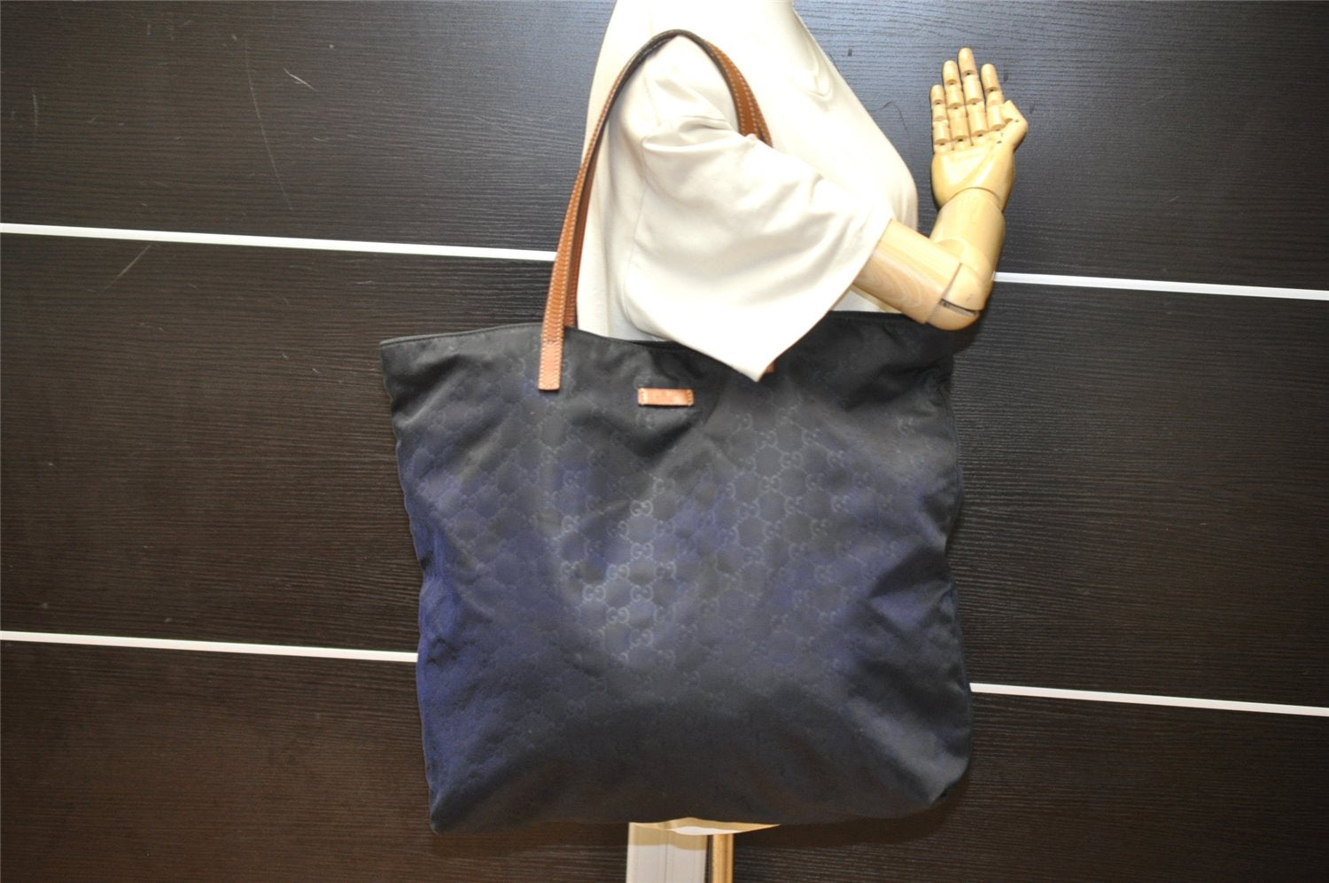 Authentic GUCCI Shoulder Tote Bag GG Nylon Leather 295252 Navy Junk 3285K