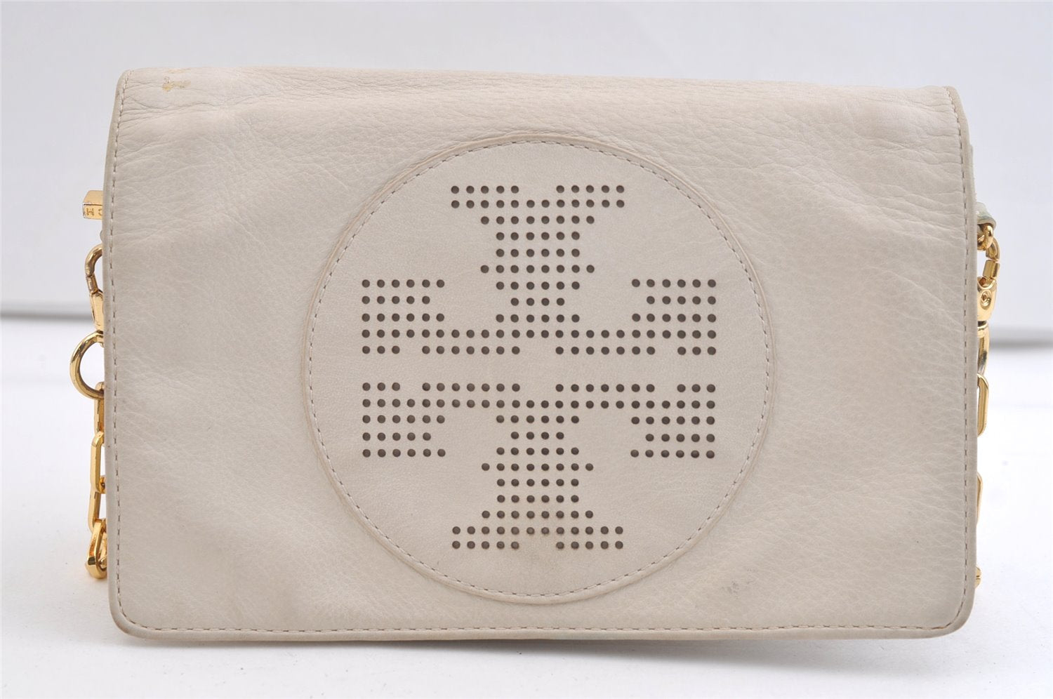 Authentic TORY BURCH Kipp Shoulder Cross Body Bag Purse Leather White 3286K