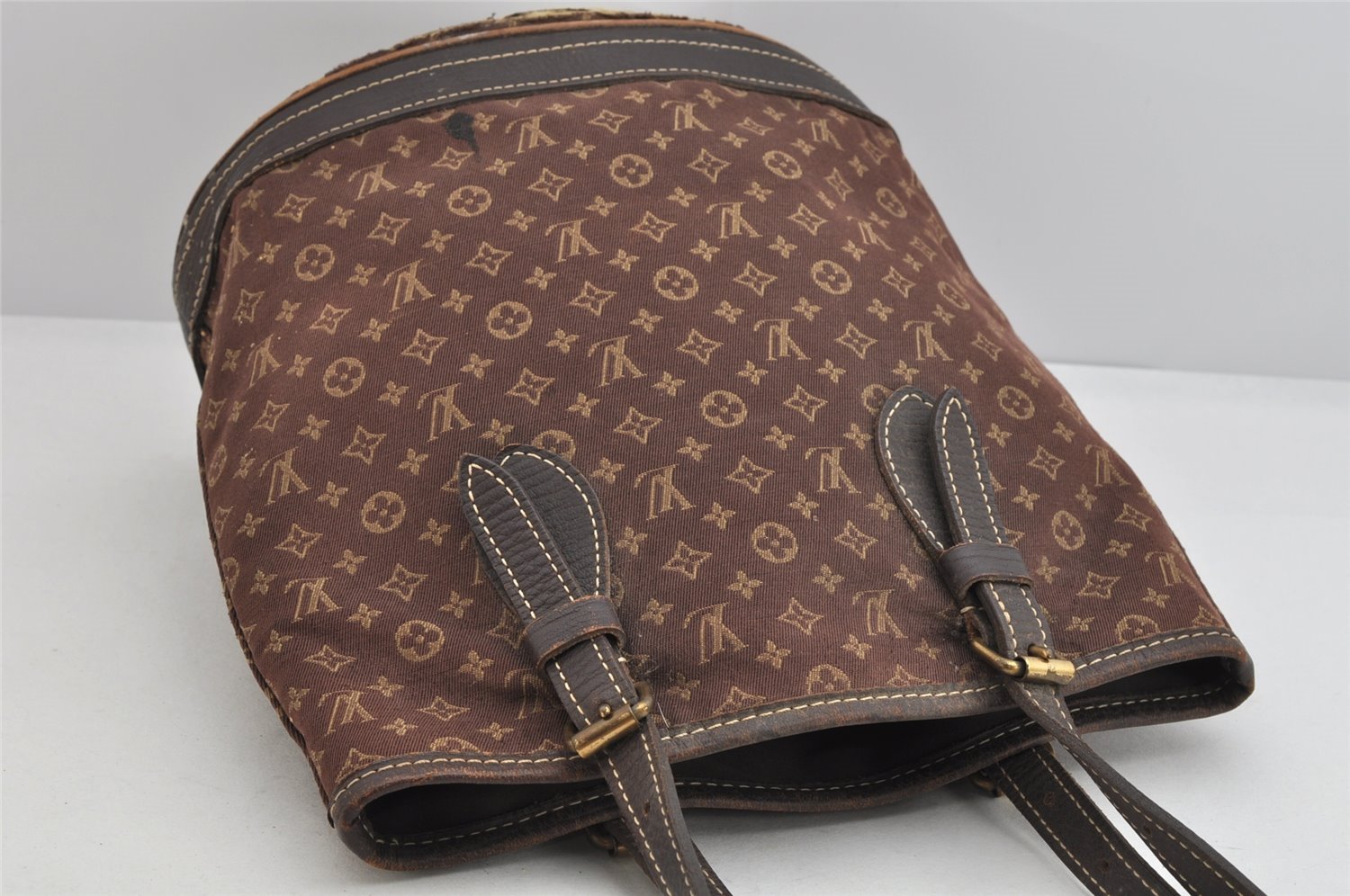 Auth Louis Vuitton Monogram Mini Lin Bucket PM Shoulder Bag M95226 Brown 3289K