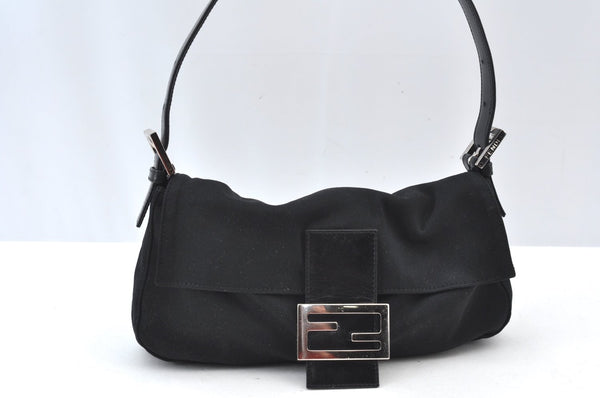 Authentic FENDI Mamma Baguette Shoulder Hand Bag Jersey Leather Black Junk 3290I