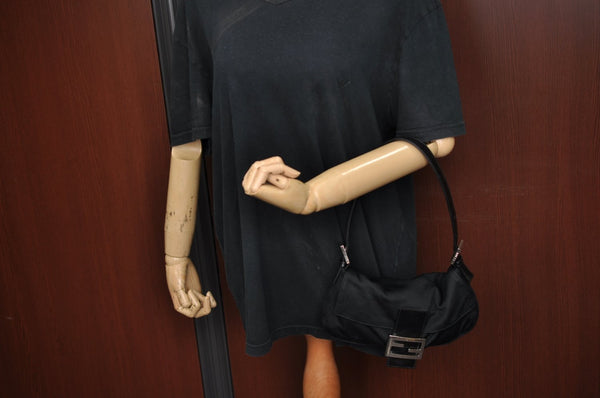 Authentic FENDI Mamma Baguette Shoulder Hand Bag Jersey Leather Black Junk 3290I