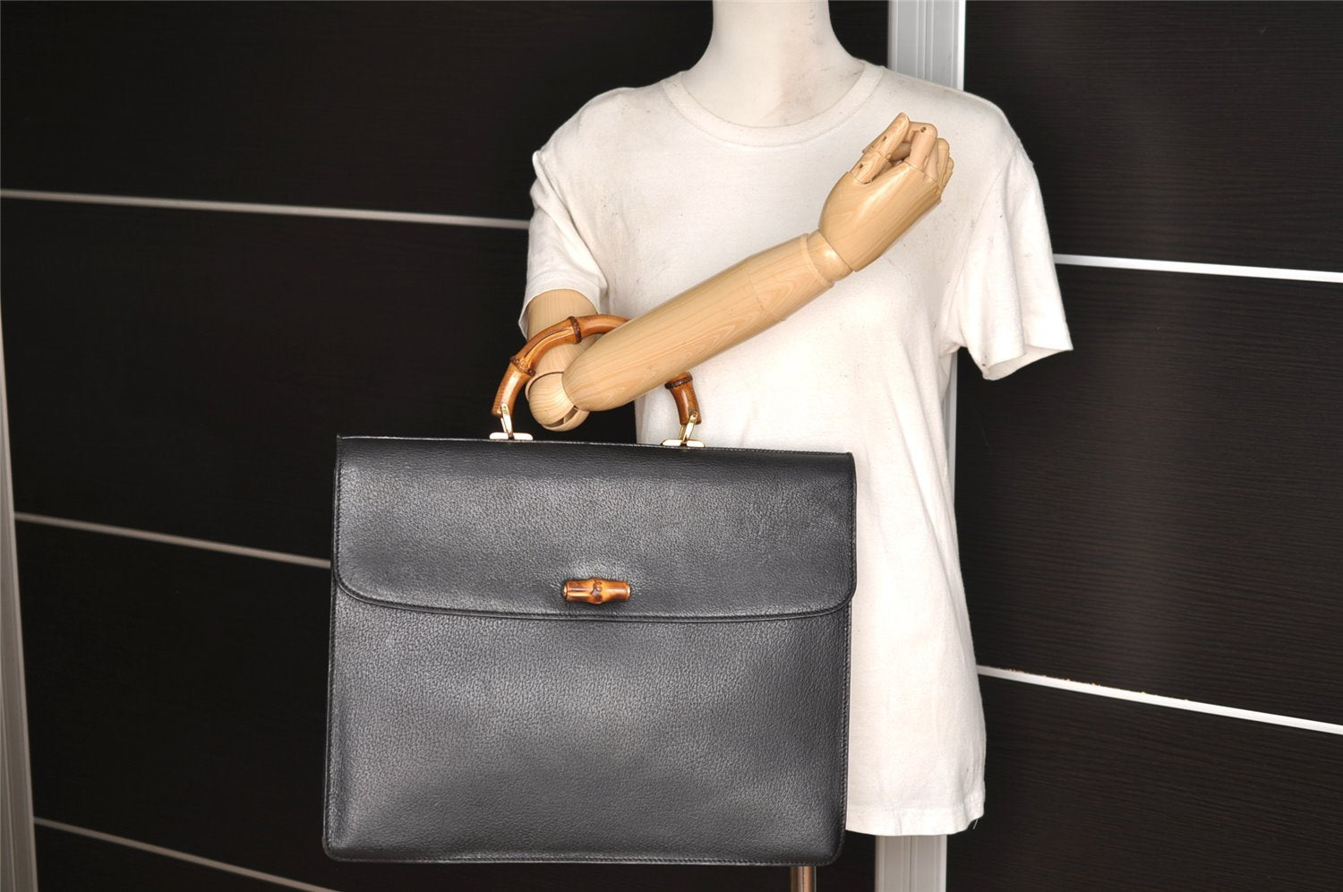 Authentic GUCCI Bamboo Vintage 2Way Briefcase Business Bag Leather Black 3295I