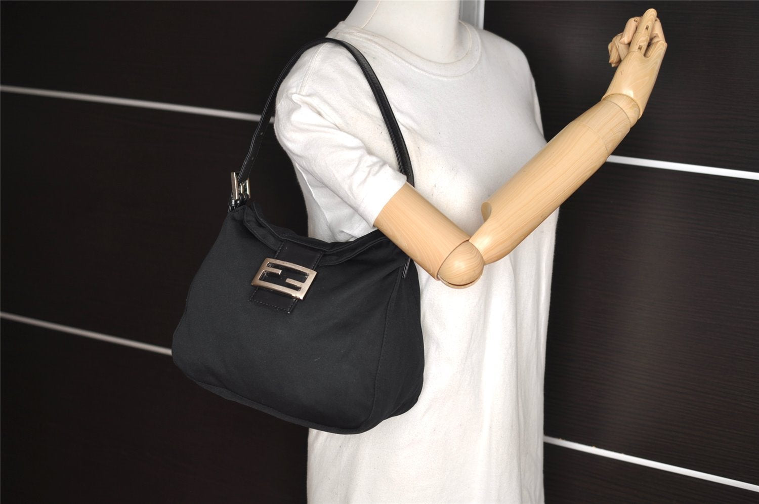 Authentic FENDI Mamma Baguette Shoulder Hand Bag Jersey Leather Black 3296I