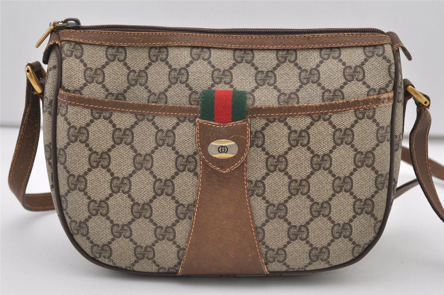Authentic GUCCI Web Sherry Line Shoulder Bag GG PVC Leather Brown Junk 3307J