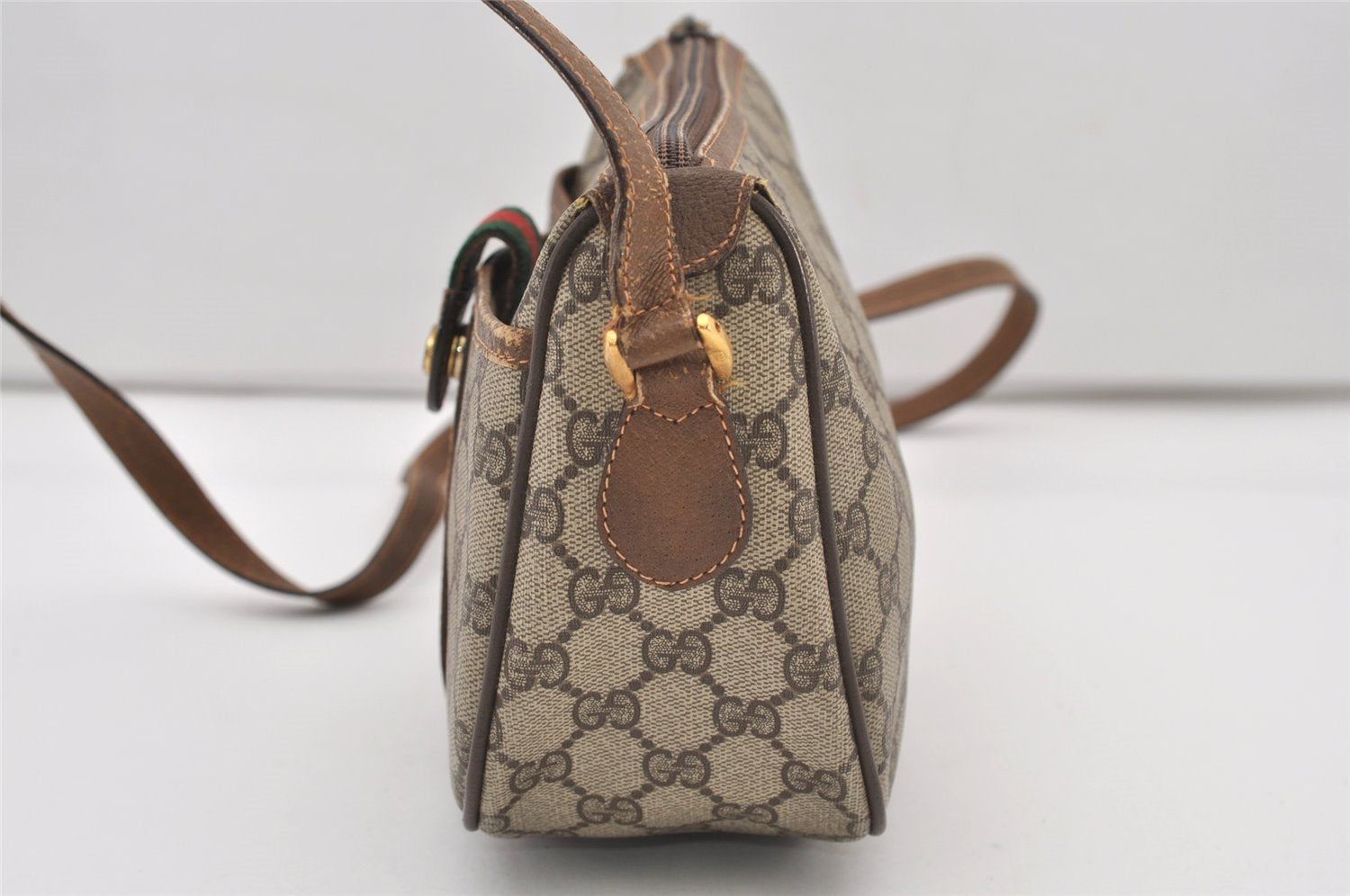 Authentic GUCCI Web Sherry Line Shoulder Bag GG PVC Leather Brown Junk 3307J