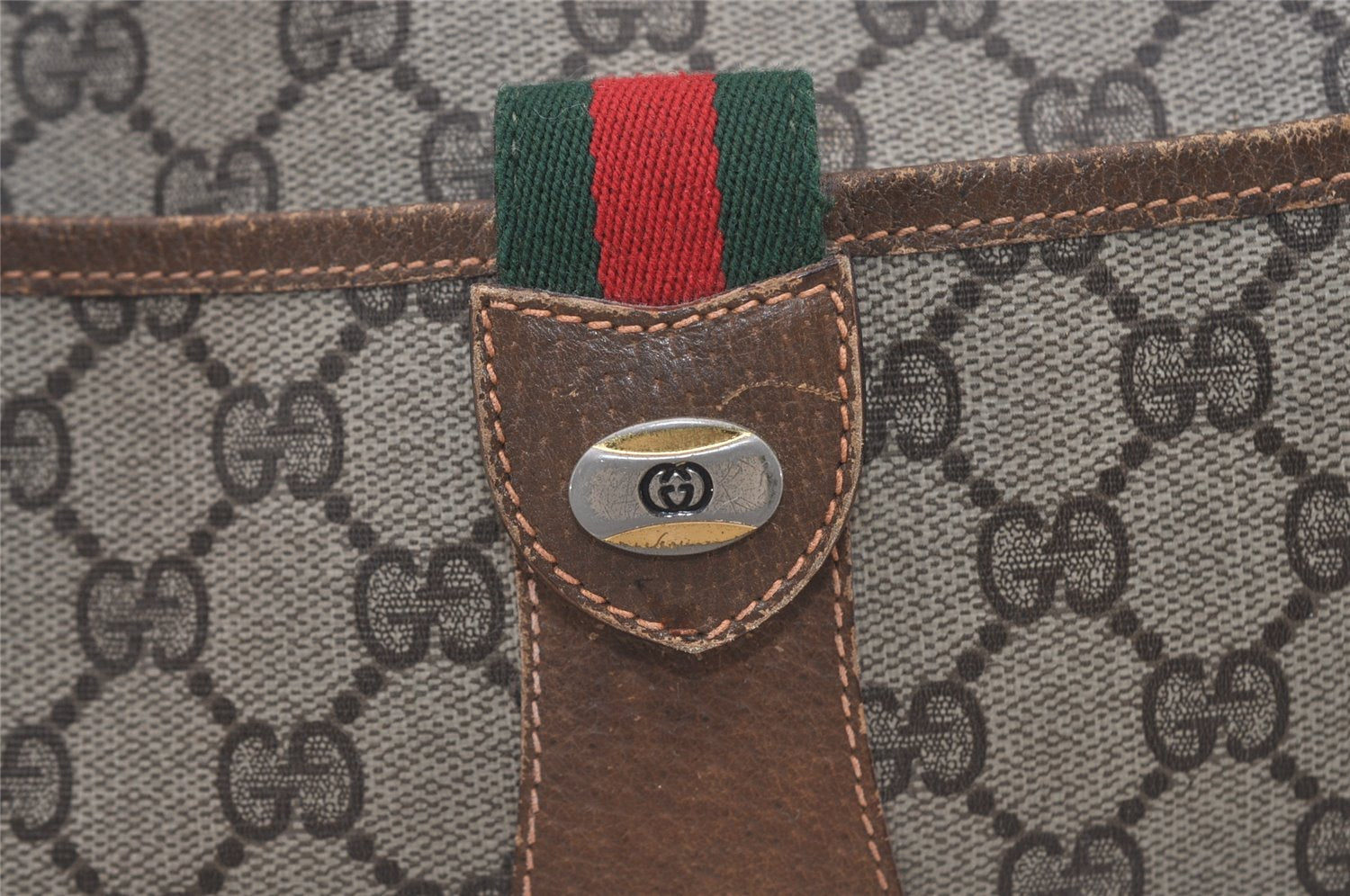 Authentic GUCCI Web Sherry Line Shoulder Bag GG PVC Leather Brown Junk 3307J