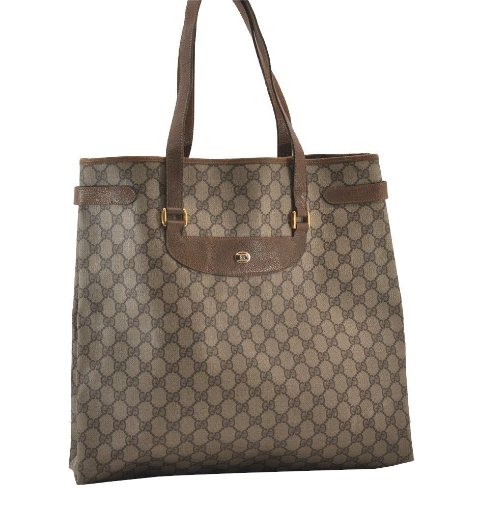 Authentic GUCCI Vintage Shoulder Tote Bag GG PVC Leather Brown 3314J
