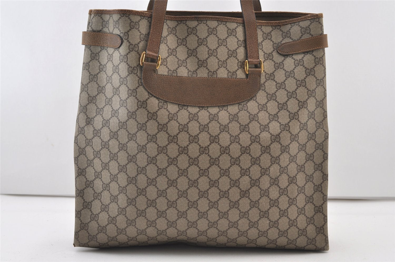 Authentic GUCCI Vintage Shoulder Tote Bag GG PVC Leather Brown 3314J