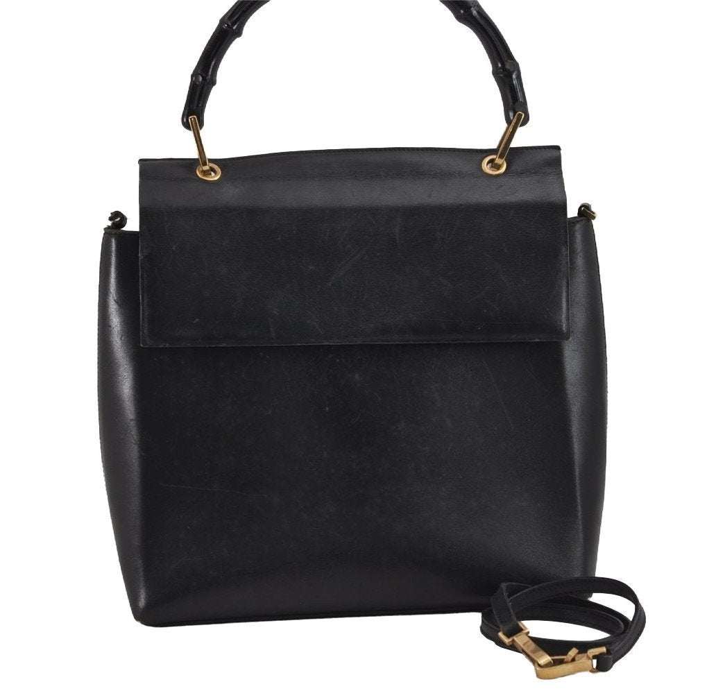 Authentic GUCCI Bamboo 2Way Shoulder Hand Bag Purse Leather Black 3318J