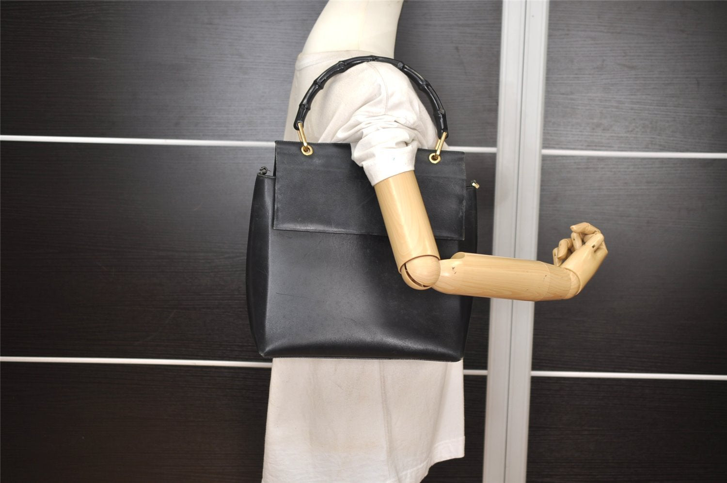 Authentic GUCCI Bamboo 2Way Shoulder Hand Bag Purse Leather Black 3318J