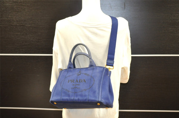 Authentic PRADA CANAPA SS Denim 2Way Shoulder Hand Bag B2439G Navy Blue 3323I