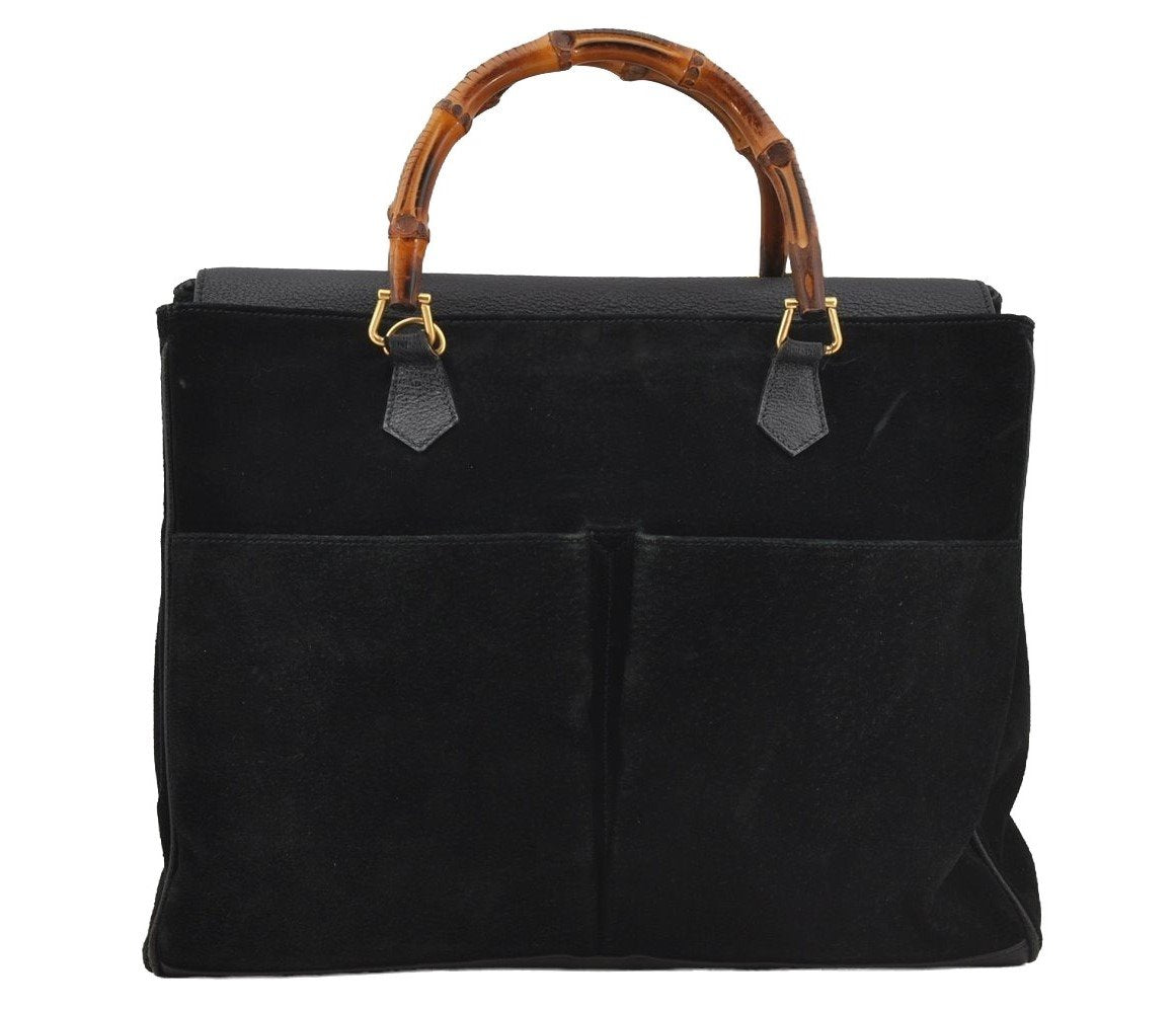 Authentic GUCCI Vintage Bamboo 2Way Shoulder Hand Bag Suede Leather Black 3324J