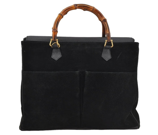 Authentic GUCCI Vintage Bamboo 2Way Shoulder Hand Bag Suede Leather Black 3324J