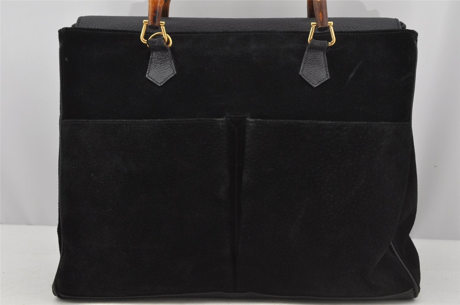 Authentic GUCCI Vintage Bamboo 2Way Shoulder Hand Bag Suede Leather Black 3324J