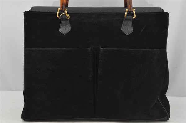 Authentic GUCCI Vintage Bamboo 2Way Shoulder Hand Bag Suede Leather Black 3324J