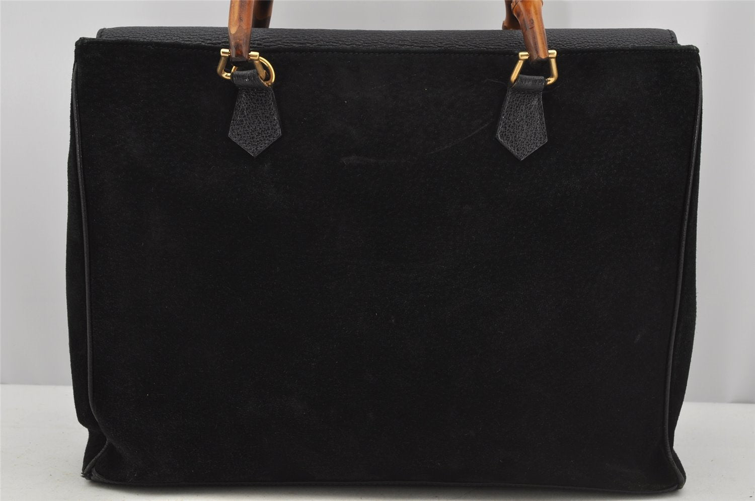 Authentic GUCCI Vintage Bamboo 2Way Shoulder Hand Bag Suede Leather Black 3324J