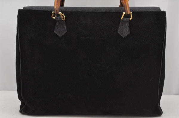 Authentic GUCCI Vintage Bamboo 2Way Shoulder Hand Bag Suede Leather Black 3324J