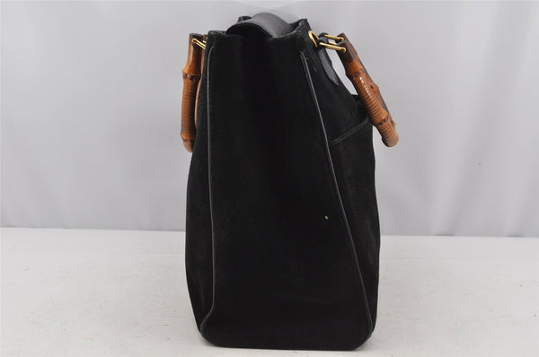 Authentic GUCCI Vintage Bamboo 2Way Shoulder Hand Bag Suede Leather Black 3324J