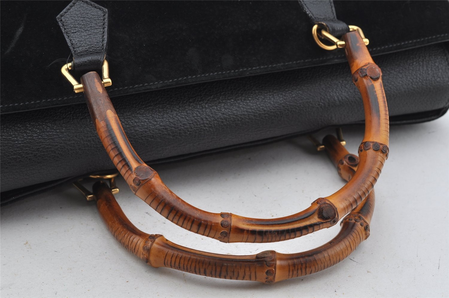 Authentic GUCCI Vintage Bamboo 2Way Shoulder Hand Bag Suede Leather Black 3324J