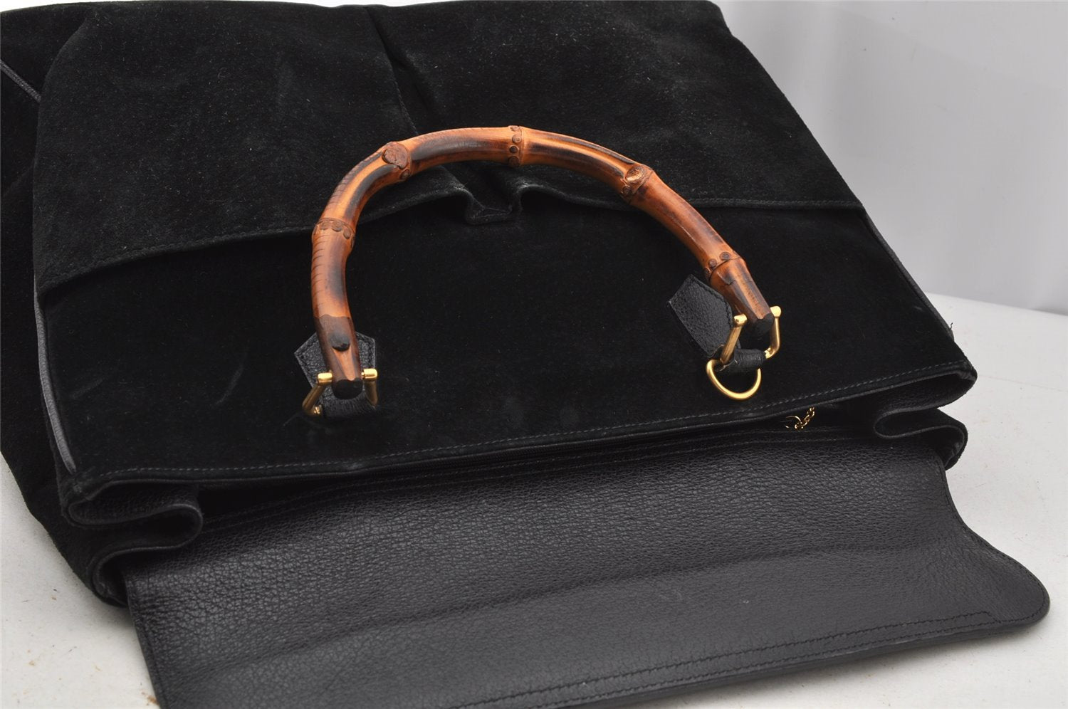 Authentic GUCCI Vintage Bamboo 2Way Shoulder Hand Bag Suede Leather Black 3324J