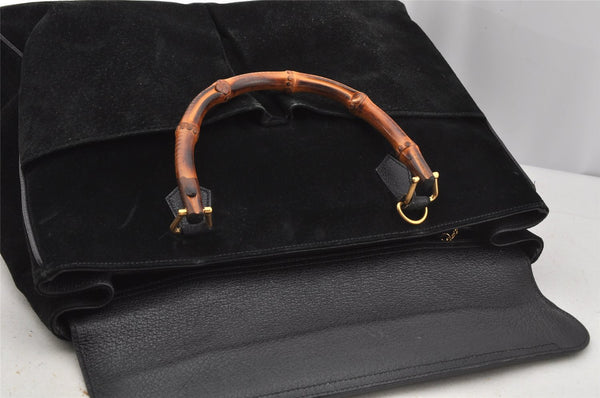 Authentic GUCCI Vintage Bamboo 2Way Shoulder Hand Bag Suede Leather Black 3324J