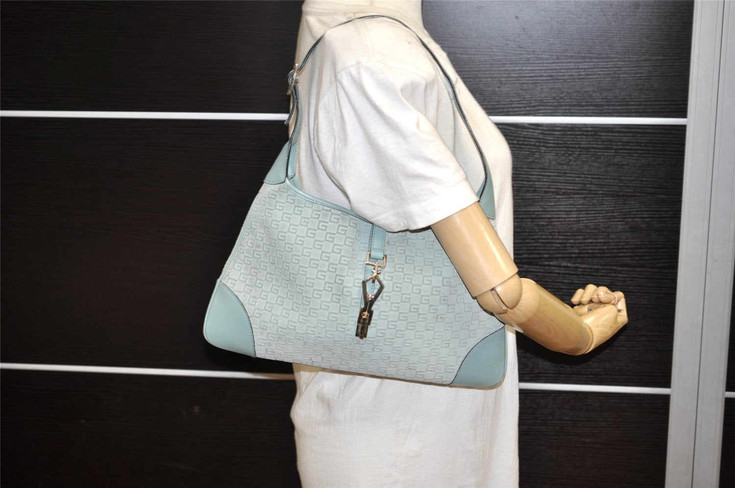 Authentic GUCCI Square GG Kandinsky Shoulder Bag Suede Leather Light Blue 3336K