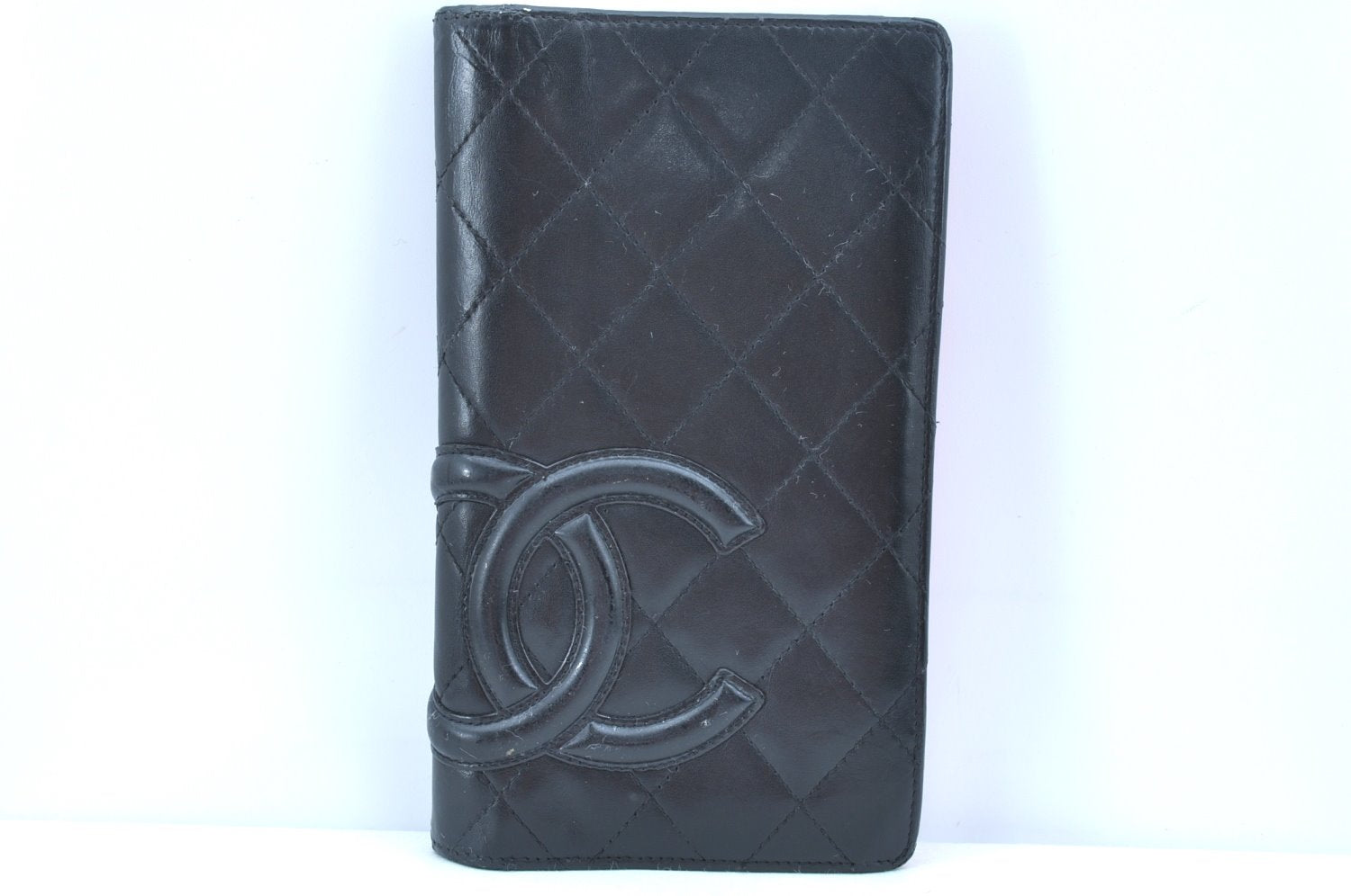 Authentic CHANEL Calf Skin Cambon Line CC Logo Bifold Long Wallet Black 3346I