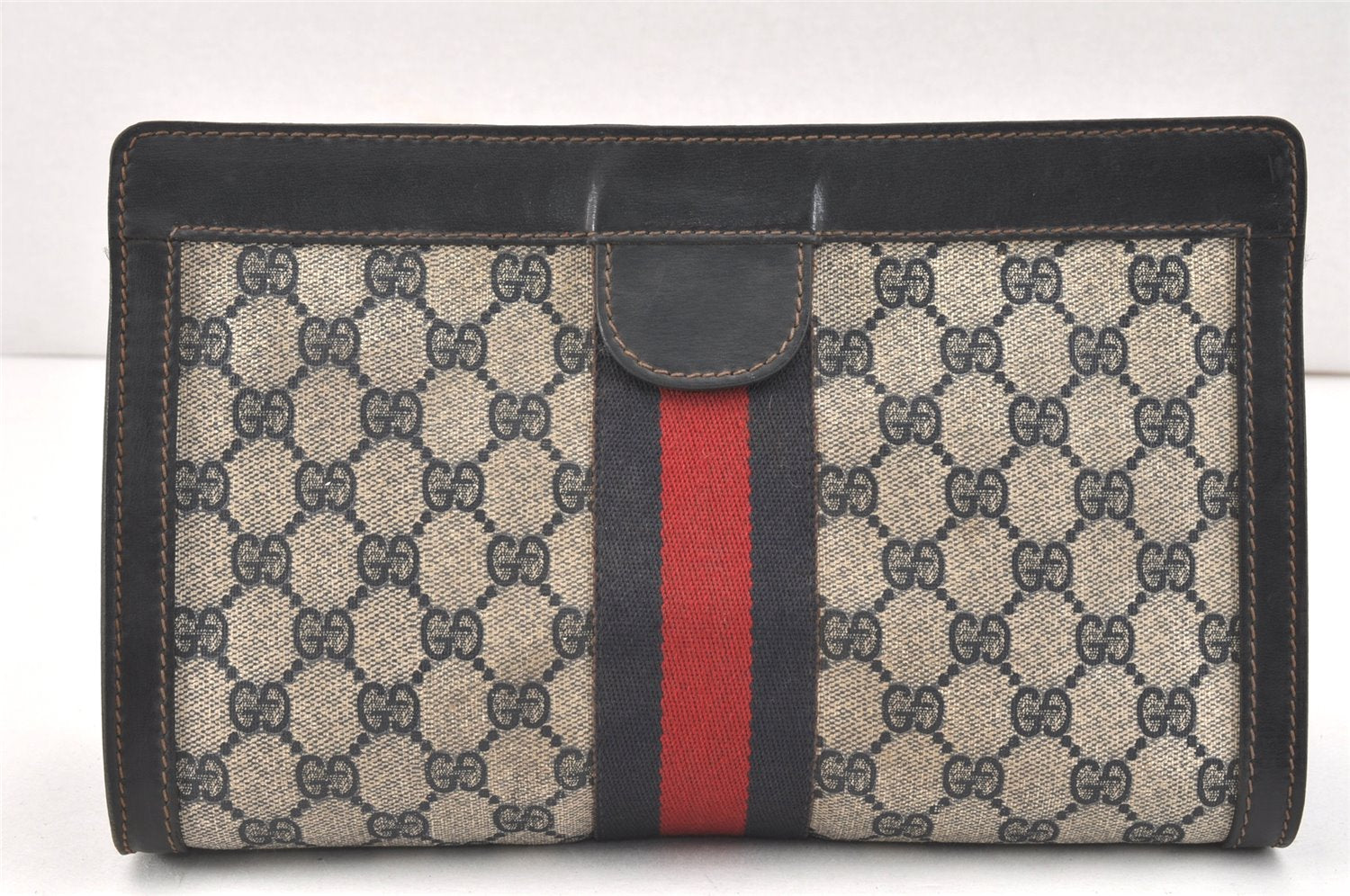 Authentic GUCCI Sherry Line Clutch Hand Bag GG PVC Leather Navy Blue Junk 3358K