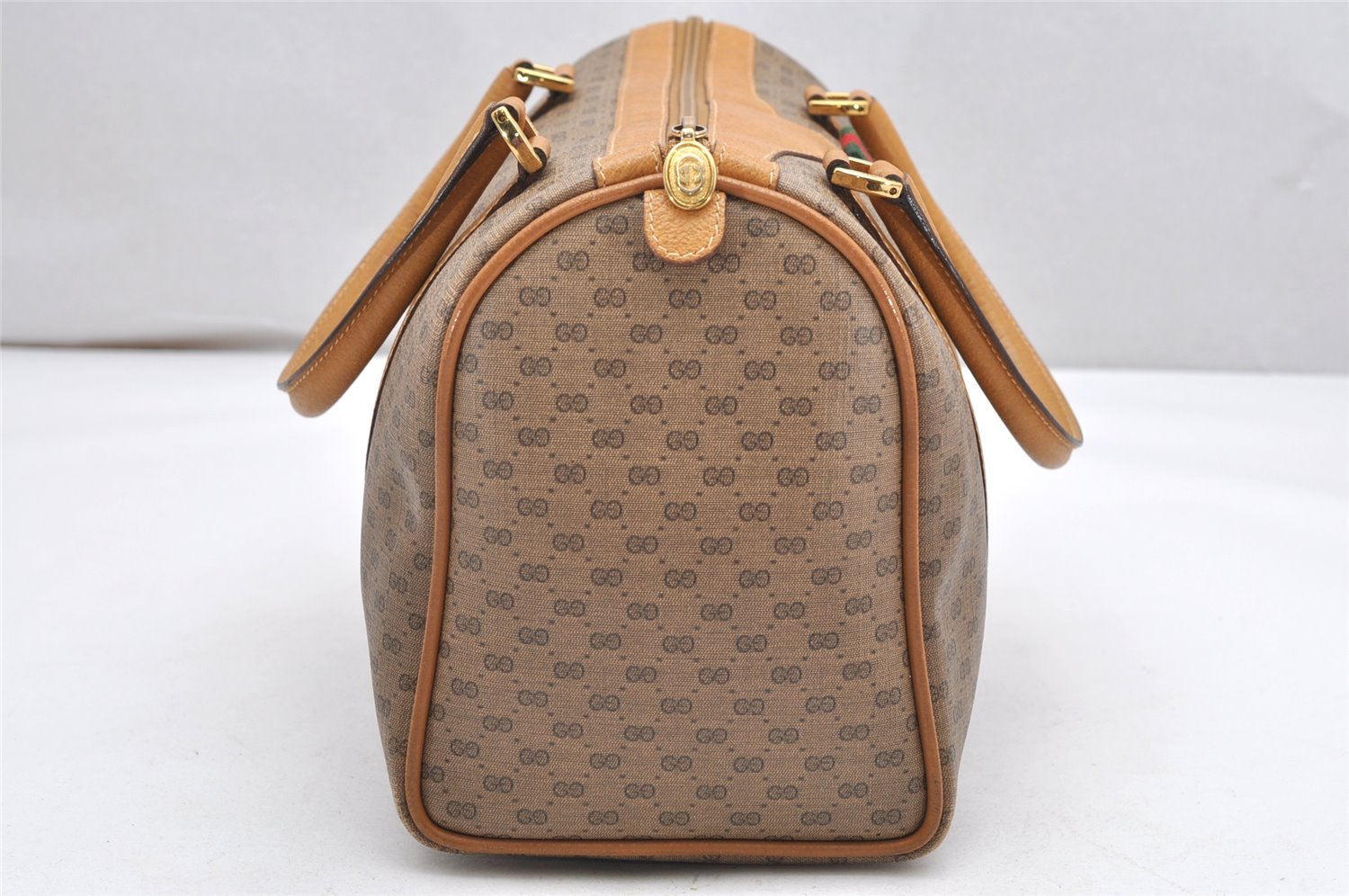 Authentic GUCCI Web Sherry Line Micro GG Hand Bag PVC Leather Brown Junk 3365K