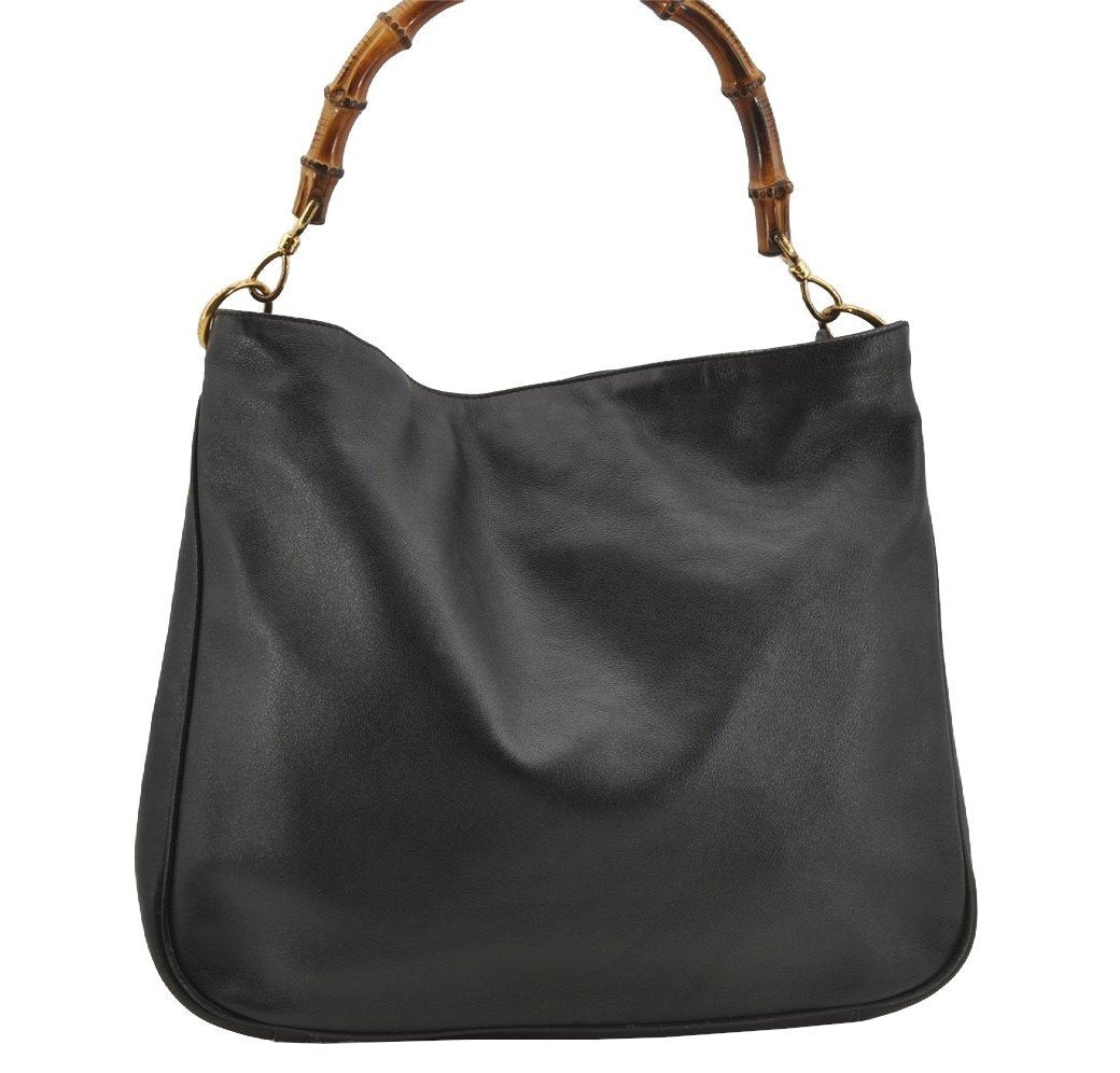 Authentic GUCCI Vintage Bamboo Shoulder Hand Bag Leather Black Junk 3372J
