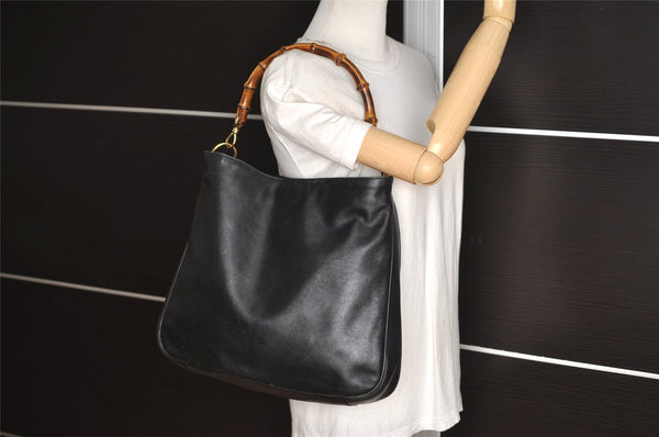 Authentic GUCCI Vintage Bamboo Shoulder Hand Bag Leather Black Junk 3372J