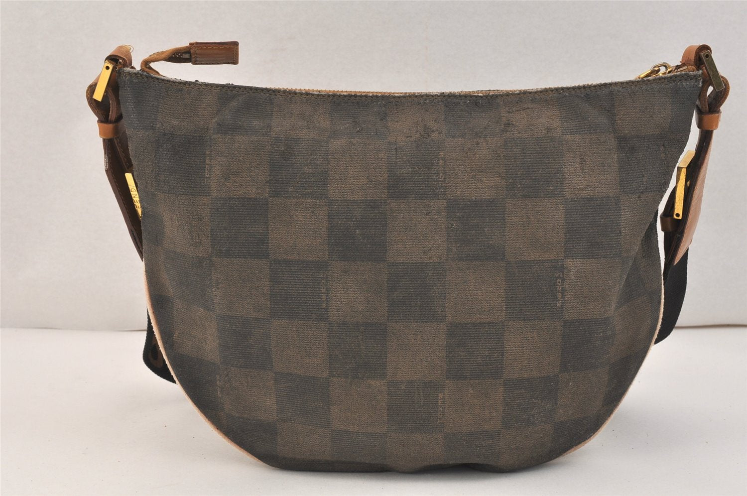 Authentic FENDI Vintage Pequin Check Shoulder Bag PVC Leather Brown Black 3379K