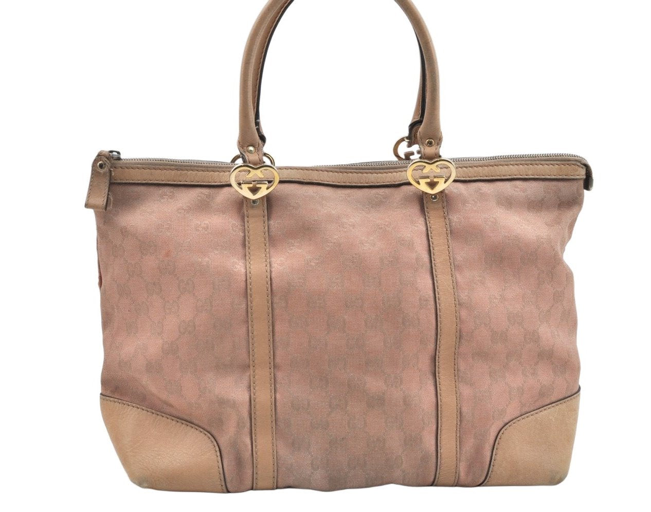 Authentic GUCCI Lovely Heart Tote Hand Bag GG Canvas Leather 257068 Beige 3380J