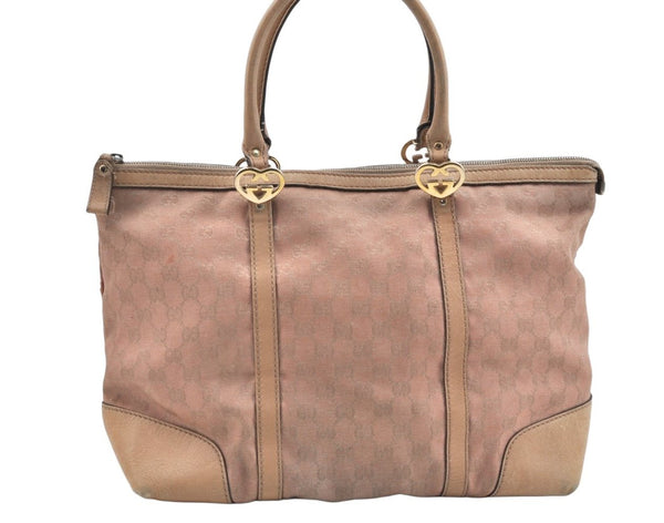 Authentic GUCCI Lovely Heart Tote Hand Bag GG Canvas Leather 257068 Beige 3380J