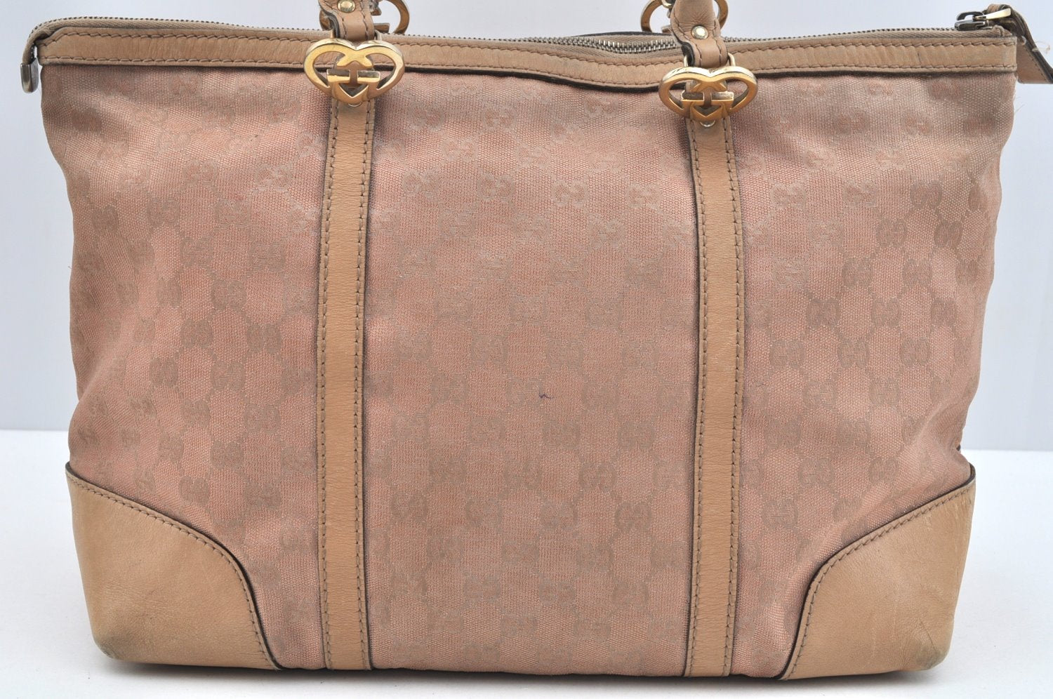 Authentic GUCCI Lovely Heart Tote Hand Bag GG Canvas Leather 257068 Beige 3380J
