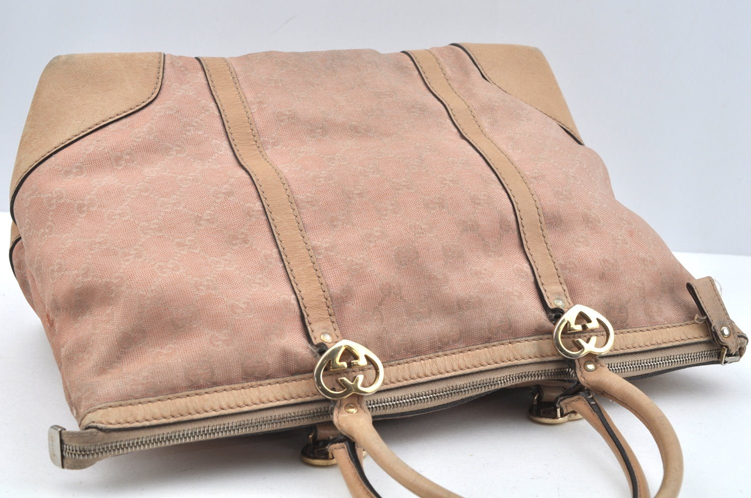 Authentic GUCCI Lovely Heart Tote Hand Bag GG Canvas Leather 257068 Beige 3380J
