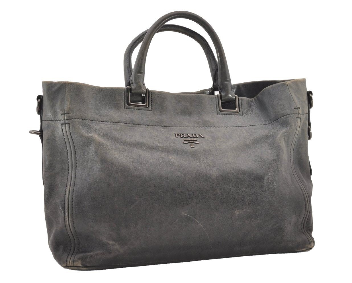 Authentic PRADA Vintage Leather Nappa 2Way Shoulder Hand Tote Bag Gray 3406J