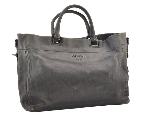 Authentic PRADA Vintage Leather Nappa 2Way Shoulder Hand Tote Bag Gray 3406J