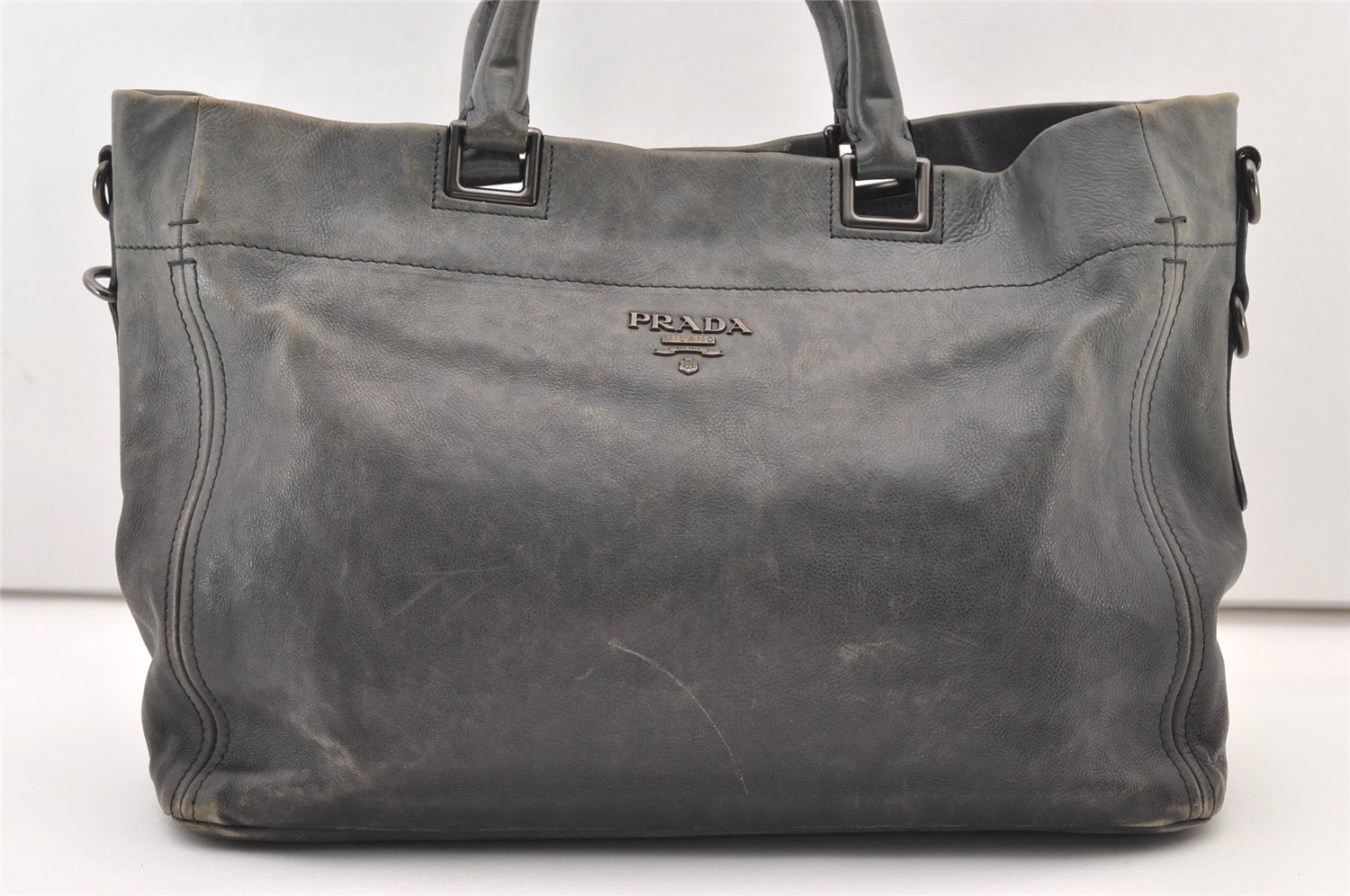 Authentic PRADA Vintage Leather Nappa 2Way Shoulder Hand Tote Bag Gray 3406J