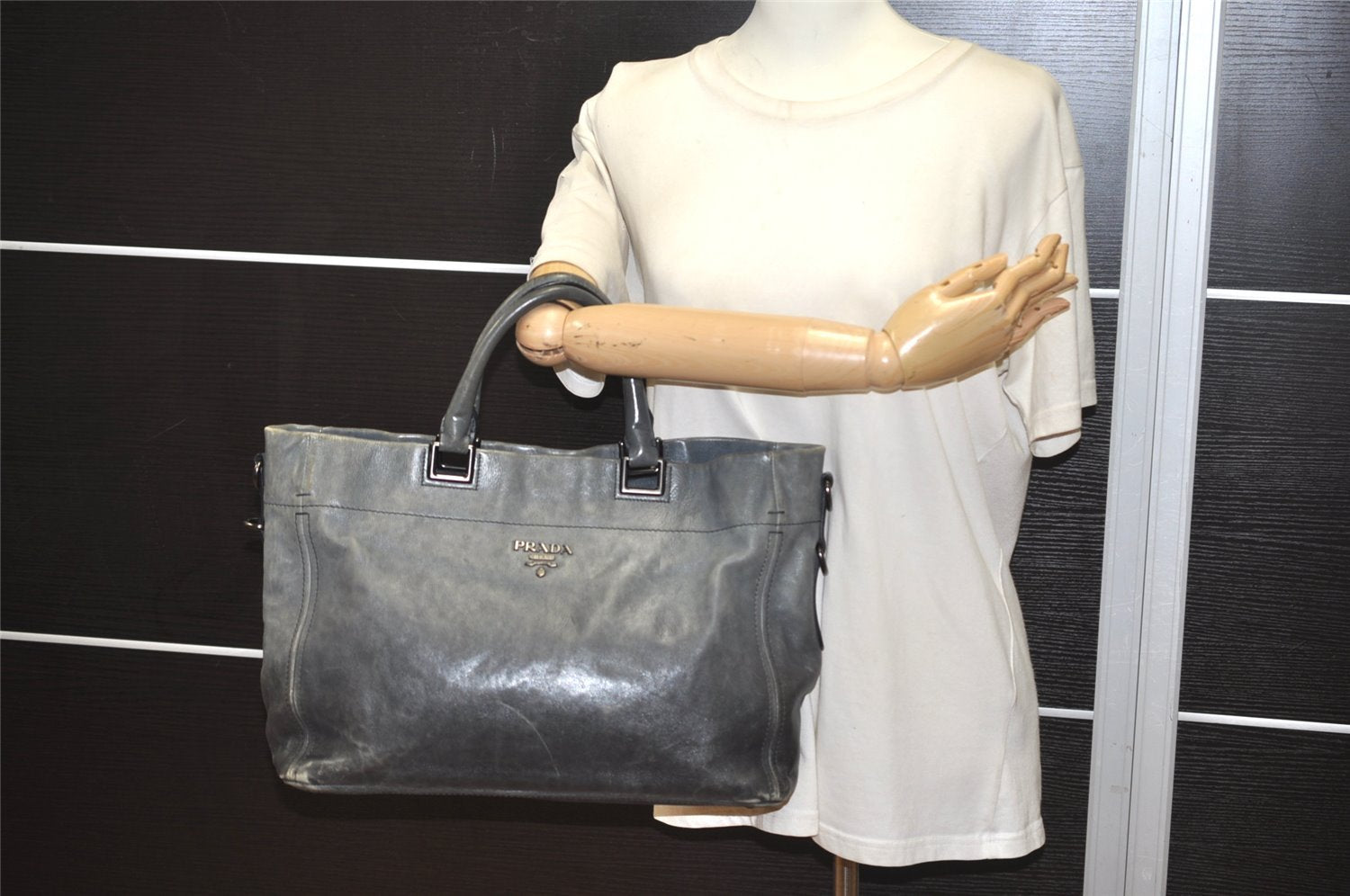 Authentic PRADA Vintage Leather Nappa 2Way Shoulder Hand Tote Bag Gray 3406J