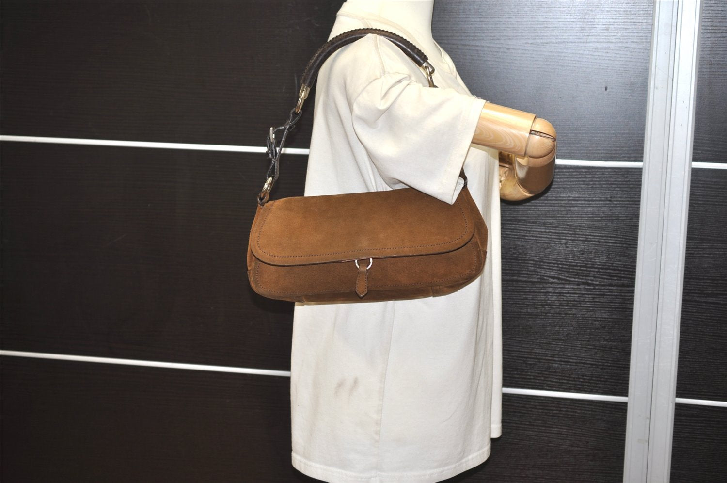 Authentic PRADA Vintage Suede Leather Shoulder Hand Bag Purse Brown 3407J