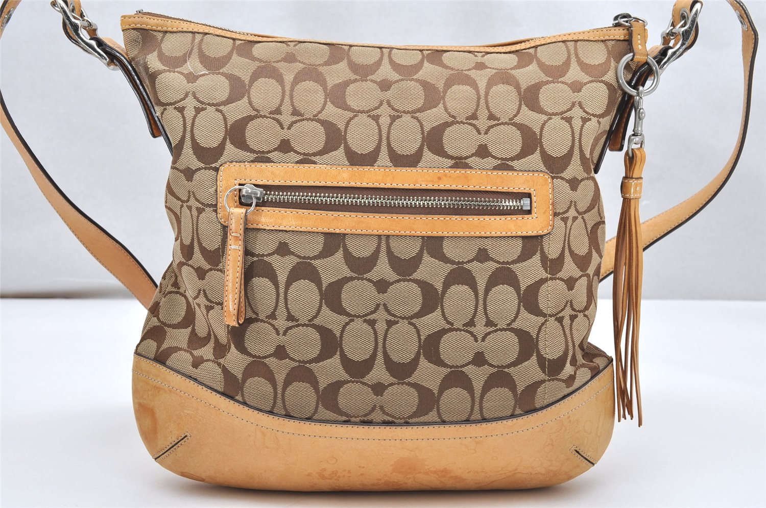 Authentic COACH Signature Shoulder Crossbody Bag Canvas Leather 9349 Brown 3415K