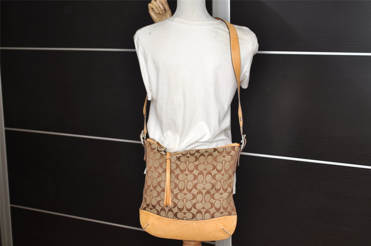 Authentic COACH Signature Shoulder Crossbody Bag Canvas Leather 9349 Brown 3415K