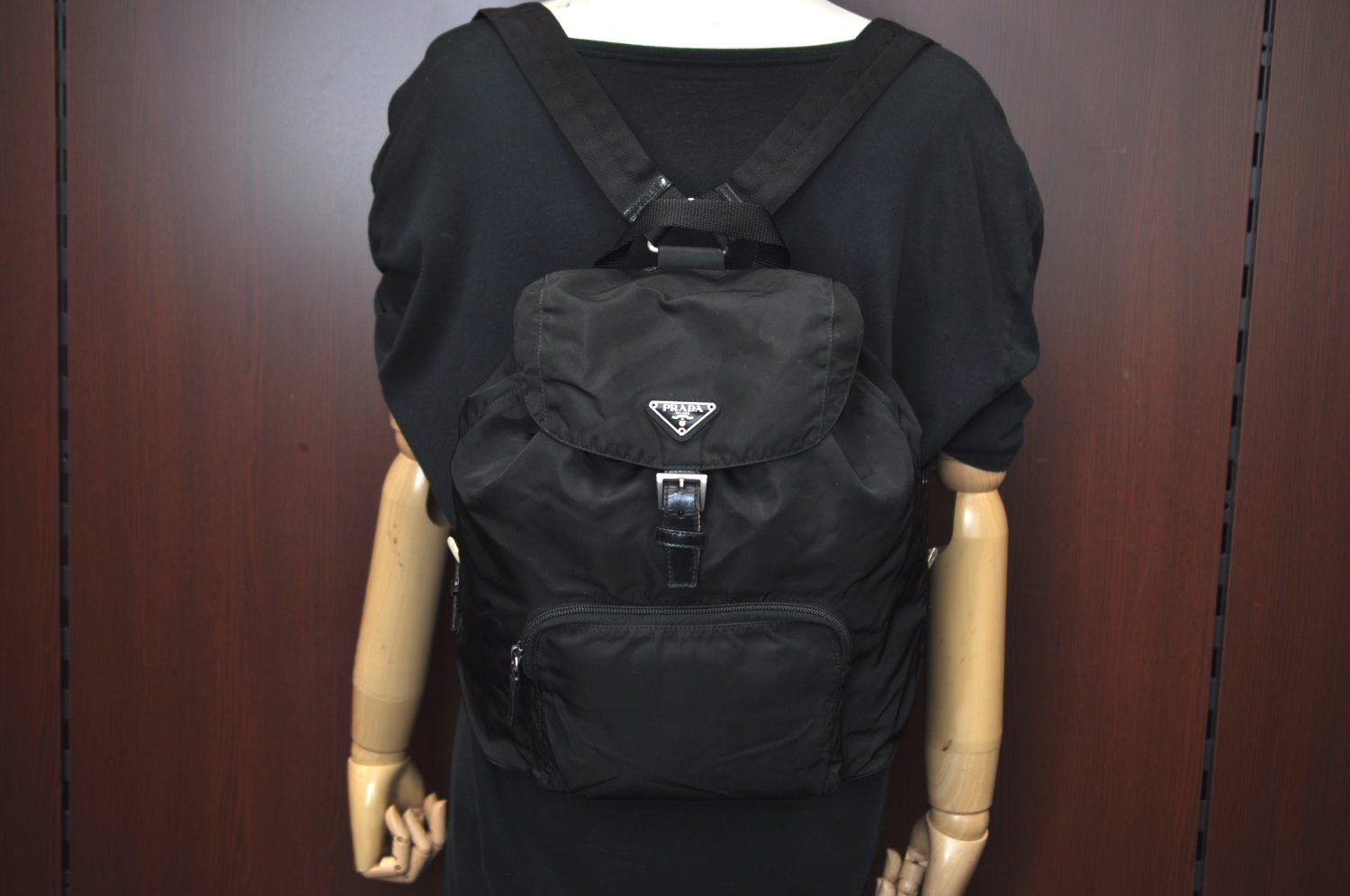 Authentic PRADA Vintage Nylon Tessuto Leather Backpack Purse Black 3418I