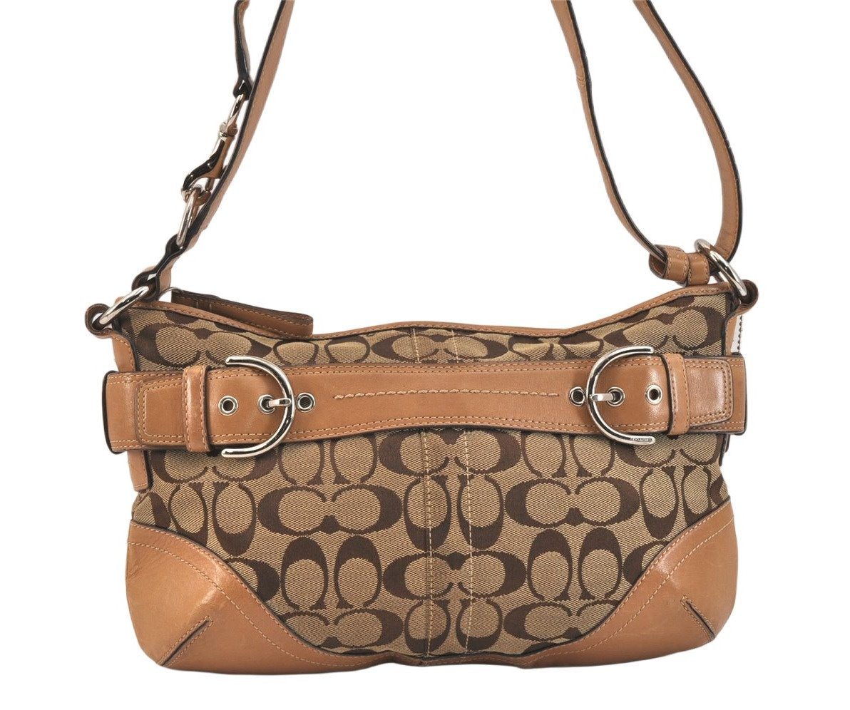 Authentic COACH Signature Shoulder Cross Bag Canvas Leather F07077 Brown 3418K