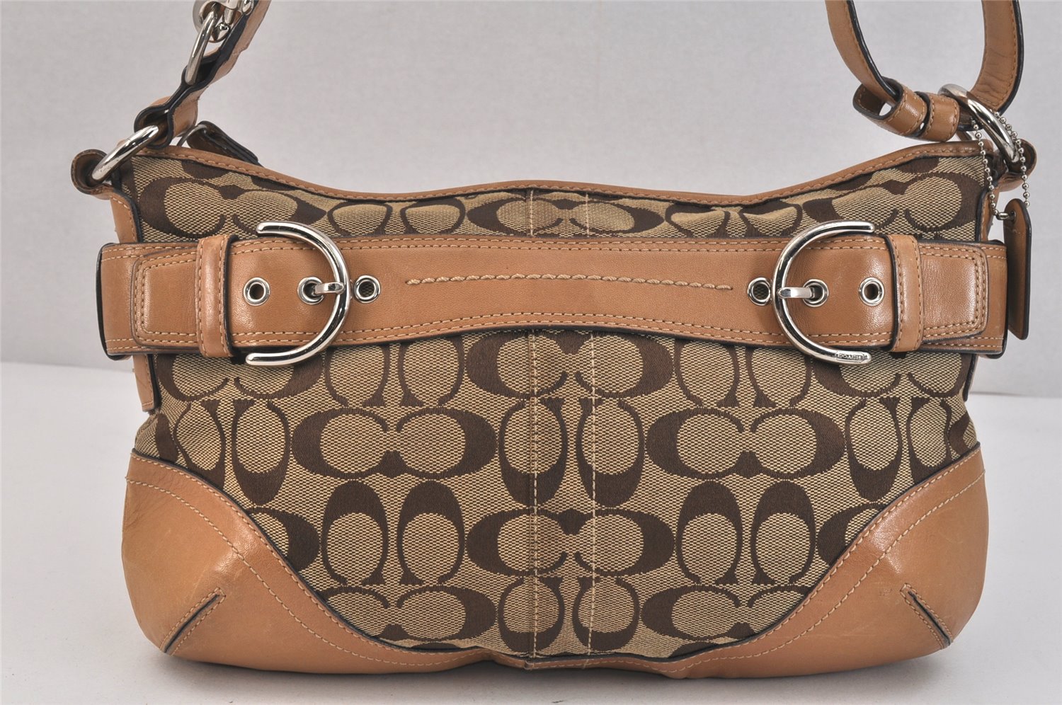 Authentic COACH Signature Shoulder Cross Bag Canvas Leather F07077 Brown 3418K