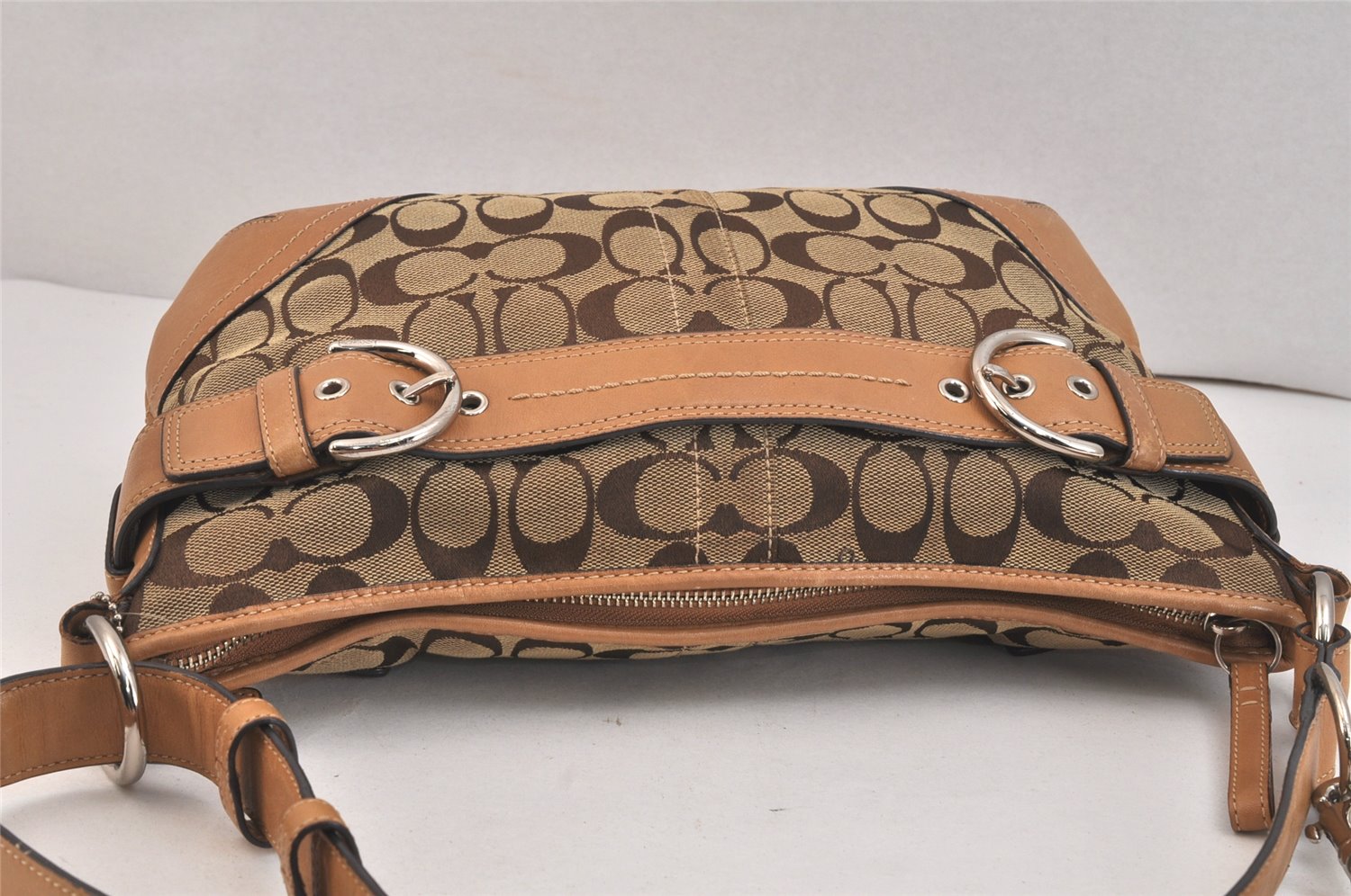 Authentic COACH Signature Shoulder Cross Bag Canvas Leather F07077 Brown 3418K