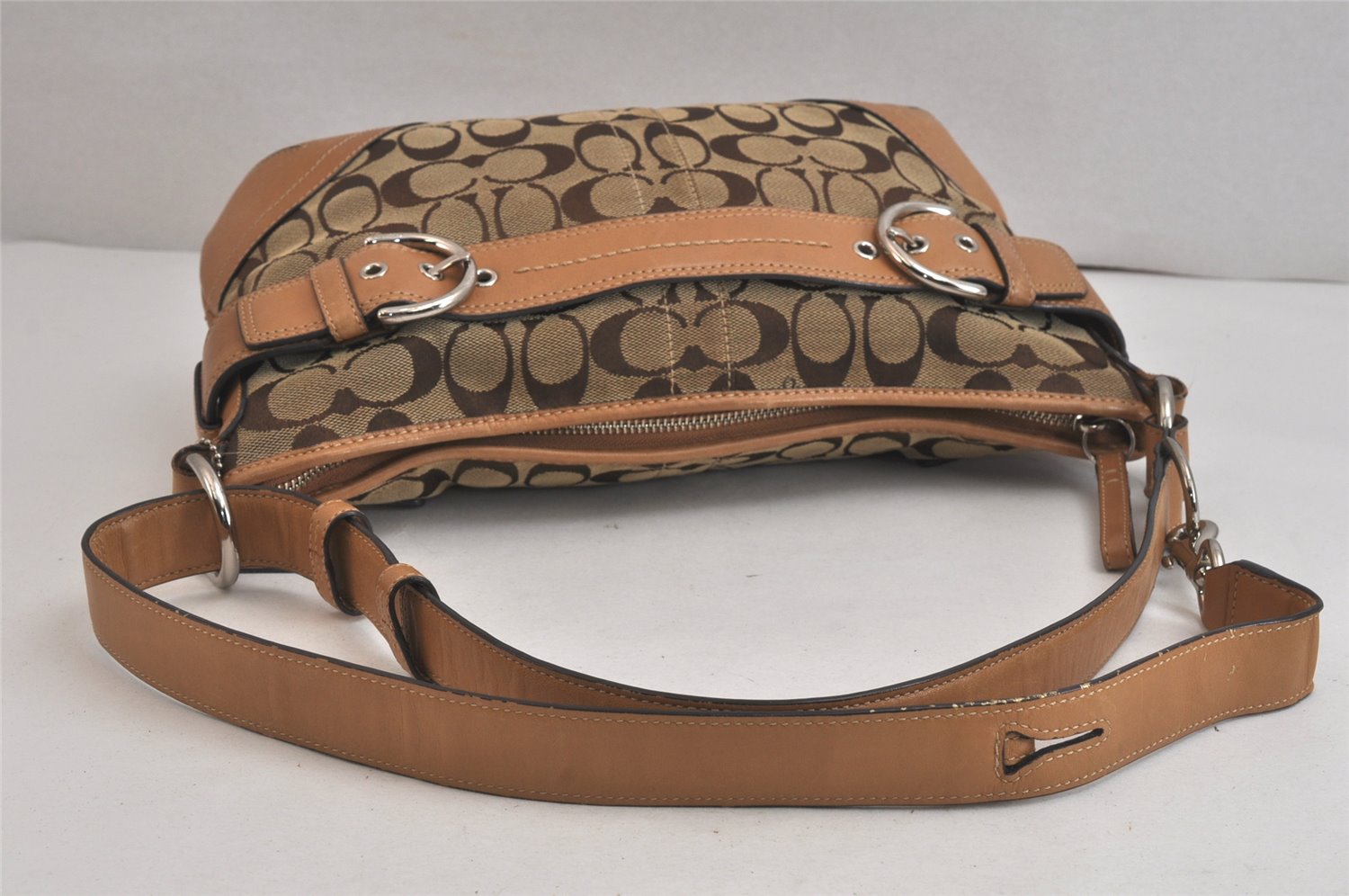 Authentic COACH Signature Shoulder Cross Bag Canvas Leather F07077 Brown 3418K