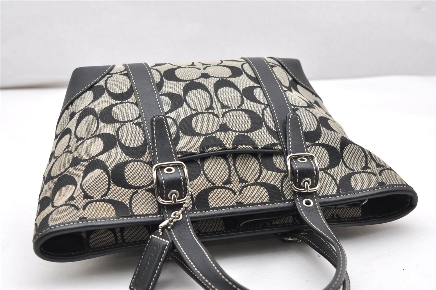 Authentic COACH Signature Hand Tote Bag Purse Canvas Leather 6043 Black 3420K