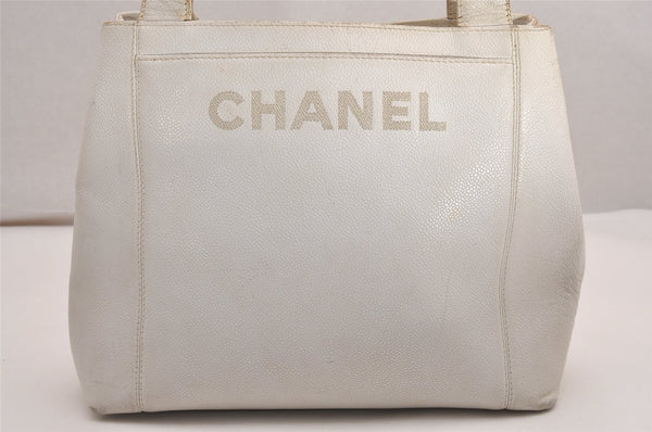 Authentic CHANEL Vintage Caviar Skin Shoulder Hand Bag Purse White CC Logo 3422J